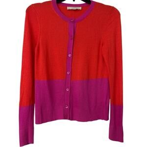 Ann Taylor LOFT Colorblock Fitted Cardigan Small Red PinkAngora Blend Y2K Preppy
